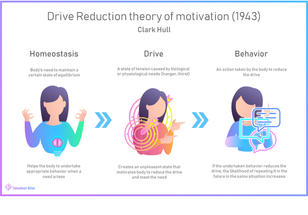 Drive Reduction theory of motivation (1943) by Clark Hull describing the process of satisfying human needs: 1. Homeostasis --></noscript> 2. Drive --> 3. Behavior